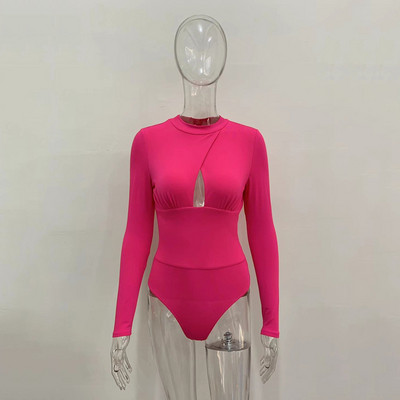 Body cu mânecă lungă, cu talie înaltă, pliuri pentru femei, de culoare solidă, sexy, cu spate, salopetă de modă casual