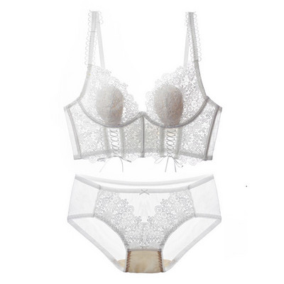 TERMEZY Set de lenjerie ultra subțire de sutien din dantelă franțuzească Lenjerie de corp sexy pentru femei Sutien subțire de modă Set sutien și chiloți Push Up