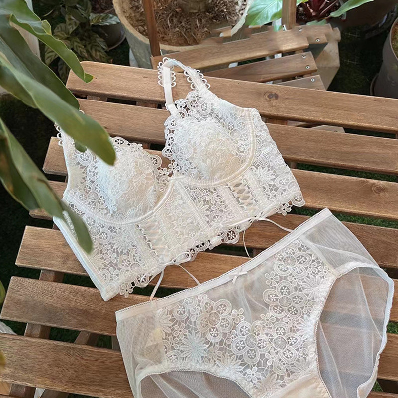 TERMEZY Set de lenjerie ultra subțire de sutien din dantelă franțuzească Lenjerie de corp sexy pentru femei Sutien subțire de modă Set sutien și chiloți Push Up