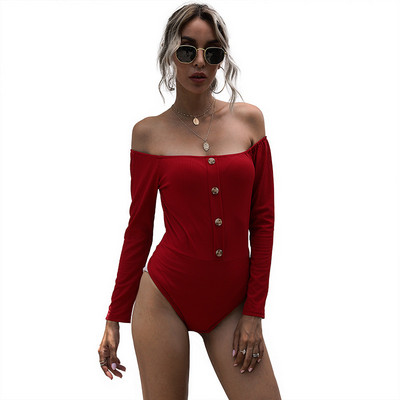 Seksikas õlgadeta Body Naistele Sügisene pikkade varrukatega Bodycon Skinny Body Ülikonna nööbid Jumpsuit Body Romper Top Slim Body