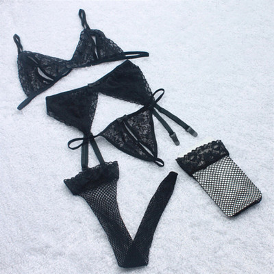 Νέο Σετ σουτιέν 4 τμχ & ανοιχτό παντελόνι & καλτσοδέτες & δίχτυα γυναικεία σέξι εσώρουχα σετ δαντέλα Push Up Διαφανές σουτιέν και σετ εσώρουχα