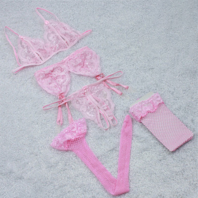 Νέο Σετ σουτιέν 4 τμχ & ανοιχτό παντελόνι & καλτσοδέτες & δίχτυα γυναικεία σέξι εσώρουχα σετ δαντέλα Push Up Διαφανές σουτιέν και σετ εσώρουχα