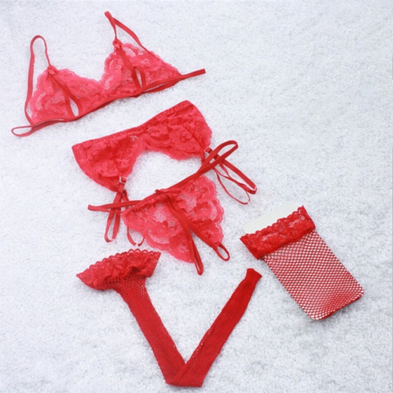 Nou set de sutien 4 buc, pantaloni deschisi, jartiere și ciorapi de plasă Set de lenjerie sexy pentru femei, dantelă Push Up, sutien transparent, seturi de sutien și chiloți