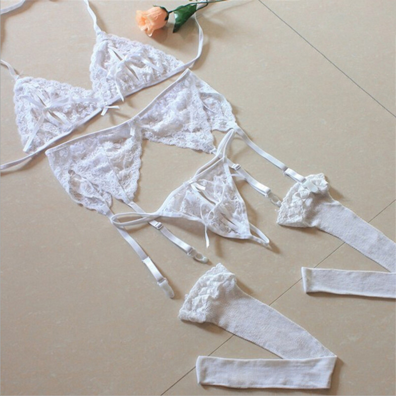 Nou set de sutien 4 buc, pantaloni deschisi, jartiere și ciorapi de plasă Set de lenjerie sexy pentru femei, dantelă Push Up, sutien transparent, seturi de sutien și chiloți