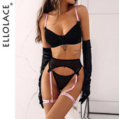 Ellolace Lenjerie pentru femeie Set de portjartiere cu zână Patchwork plasă transparentă Set sutien și chiloți erotic intim Seturi exotice