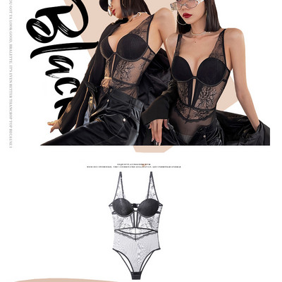 Γαλλικό σέξι κορμάκι δαντέλα Γυναικεία λουλούδια κέντημα Εσώρουχα Push Up Σετ σουτιέν Κλασικό μαύρο διάφανο Shapewear Hollow Bodycon