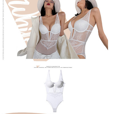 Γαλλικό σέξι κορμάκι δαντέλα Γυναικεία λουλούδια κέντημα Εσώρουχα Push Up Σετ σουτιέν Κλασικό μαύρο διάφανο Shapewear Hollow Bodycon