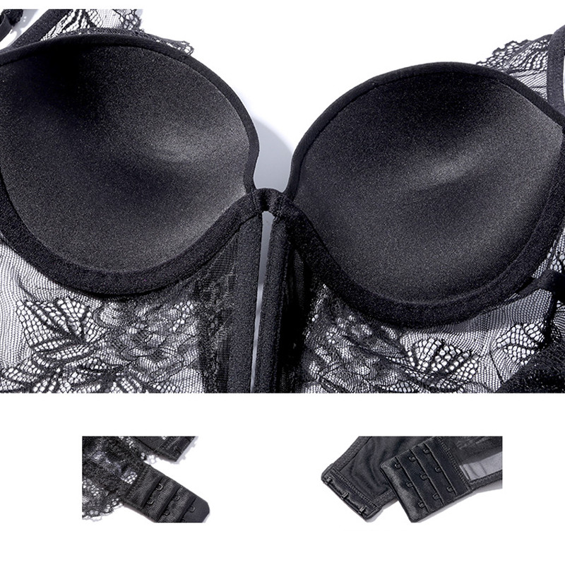 Γαλλικό σέξι κορμάκι δαντέλα Γυναικεία λουλούδια κέντημα Εσώρουχα Push Up Σετ σουτιέν Κλασικό μαύρο διάφανο Shapewear Hollow Bodycon