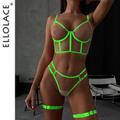 Ellolace Lenjerie verde neon Fetish Femei goale fără cenzură Lenjerie intimă care poate vedea Set sutien transparent nud, sexy