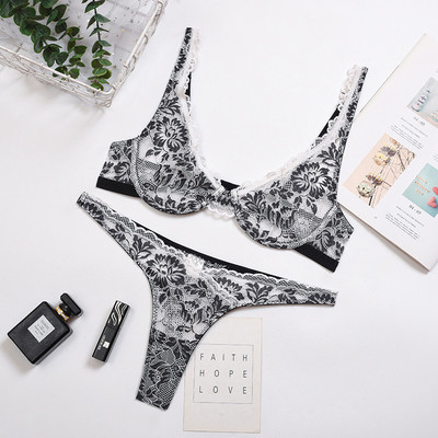 Ellolace Sexy Lingerie Deep-V Floral Ebroidery Εσώρουχα Push up Underwire σουτιέν Διαφανές ερωτικά σύνολα σλιπ Intimate Χονδρική