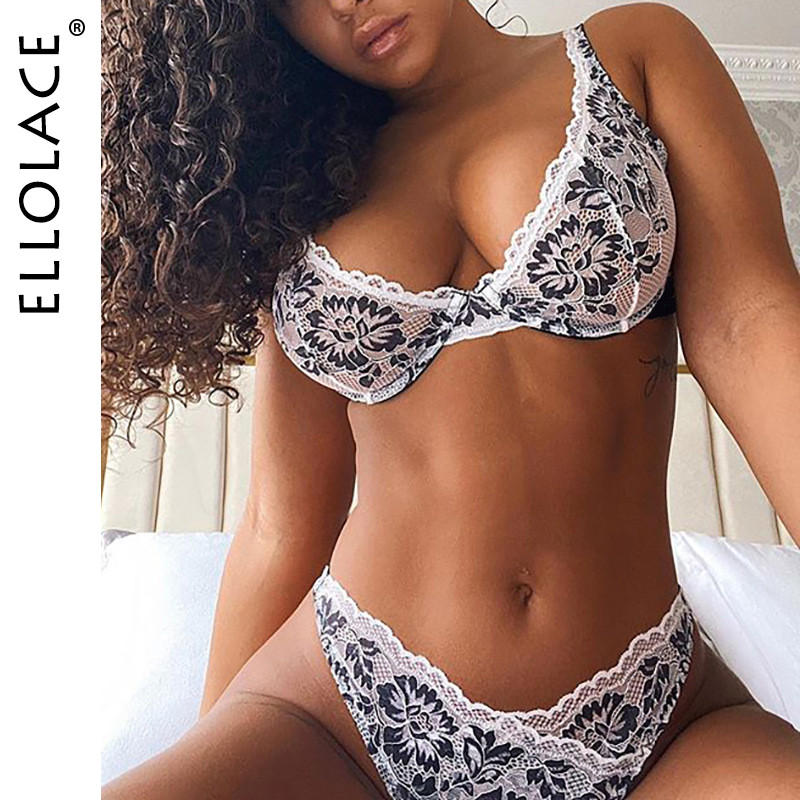Ellolace Sexy Lingerie Deep-V Floral Ebroidery Εσώρουχα Push up Underwire σουτιέν Διαφανές ερωτικά σύνολα σλιπ Intimate Χονδρική