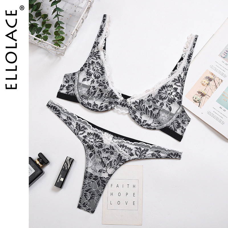 Ellolace Sexy Lingerie Deep-V Floral Ebroidery Εσώρουχα Push up Underwire σουτιέν Διαφανές ερωτικά σύνολα σλιπ Intimate Χονδρική