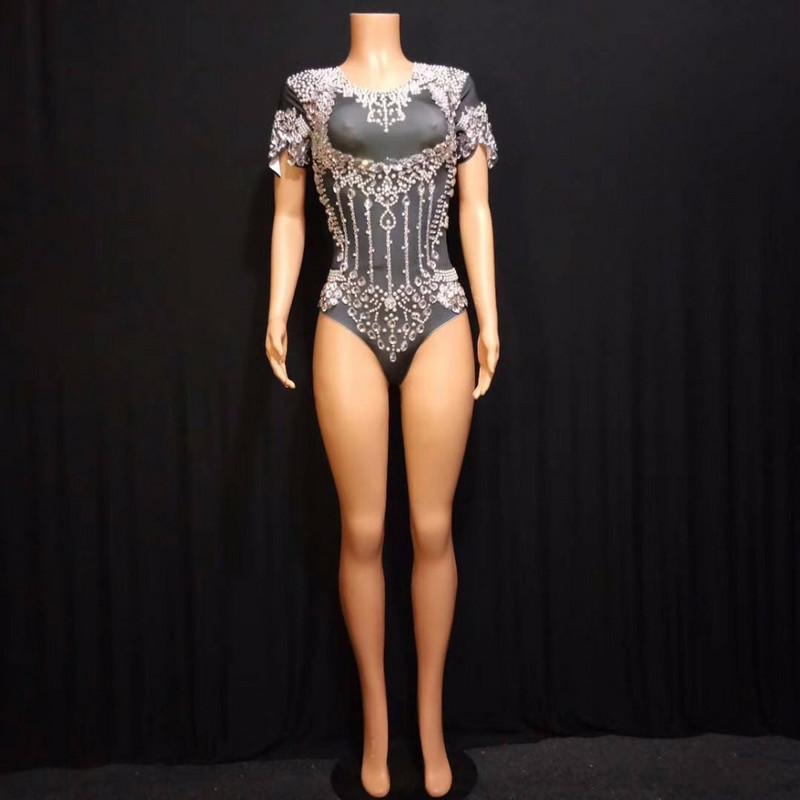 Sexy Strasuri Perle Scurt Siamez Imprimat Stretch Body Strass One Piece Cântăreață Dansatoare Sexy Performanță Salopete