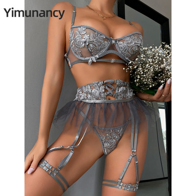 Yimunancy 3-Piece Embroidery Lingere Set Дамска елегантна луксозна рокля с панделка Секси еротичен комплект Кратки комплект жартиери