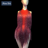 Christia Bella sexy roșu ciucuri body femei fără spate stras salopete club de noapte stretch leotard cântăreață dansatoare ținute