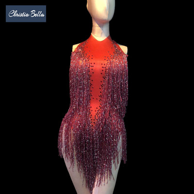 Christia Bella sexy roșu ciucuri body femei fără spate stras salopete club de noapte stretch leotard cântăreață dansatoare ținute