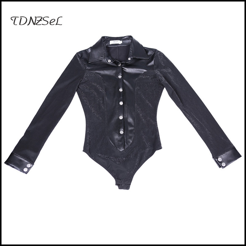 Γυναικεία μακρυμάνικη φόρμα Pu σέξι 3d πλέγμα παραλλαγής Splicing Streetwear Playsuit Club Romper Βραδινό πάρτι Jumpsuits Custom