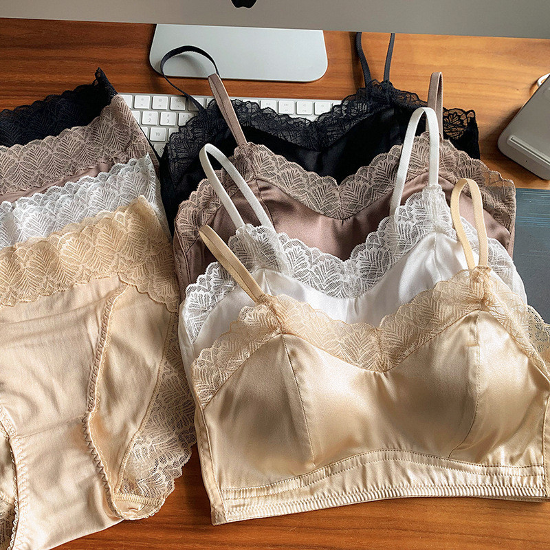 Πολυτελές Σετ σουτιέν από μετάξι Mulberry Γυναικείο Σέξι Δαντελένιο Σατέν Μασίφ Στράπλες Σλιπ Ψηλόμεσο Σώβρακο Λεία Εσώρουχα