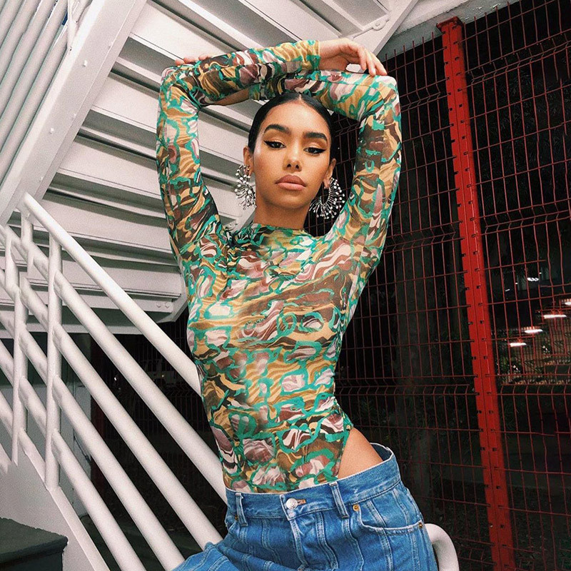 Body cu mânecă lungă cu mânecă lungă, body cu spate, cu imprimeu, sexy, elegant, îmbrăcăminte de stradă, club de petrecere, haine de vară 2020