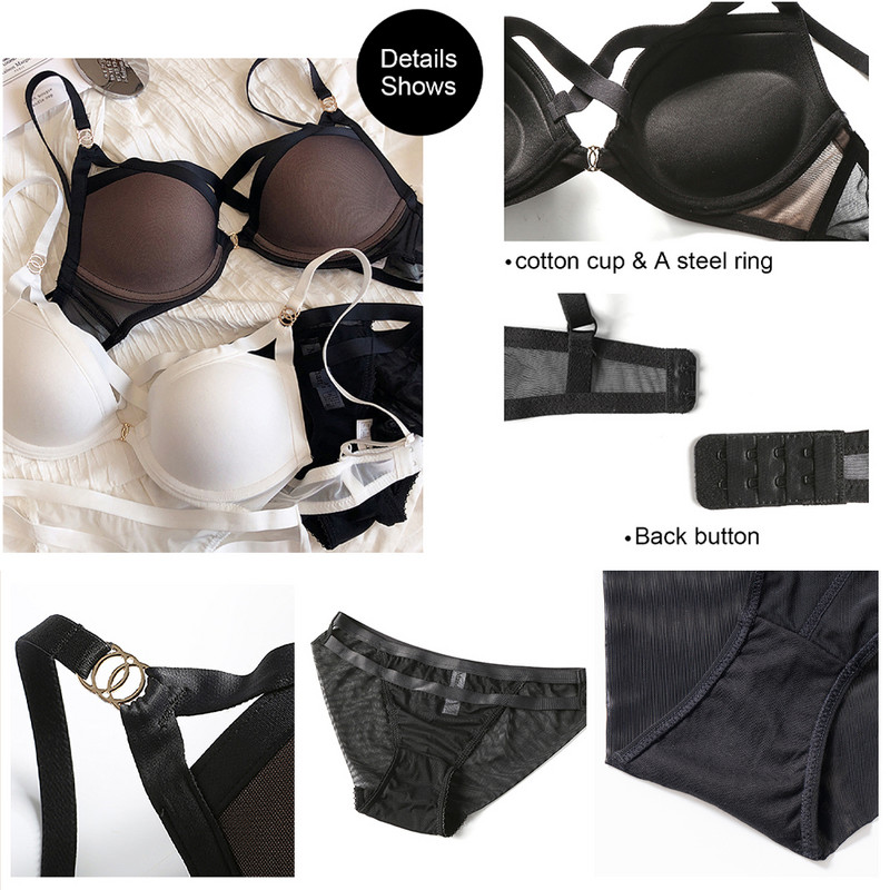 Ženski seksi komplet donjeg rublja Dvodijelni ženski jednobojni Push Up grudnjak Gaćice niskog struka Odijelo Mrežasto donje rublje Bralette s 3/4 šalice