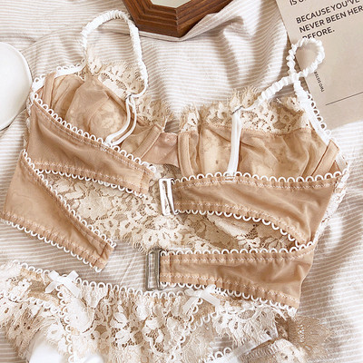 2 stiili, üliõhuke + õhuke puuvill, prantsuse läbipaistev pitsist seljaosa terassõrmus Push Up naiste seksikas pesuülikonnad, pikkade nööpidega rinnahoidjakomplektid
