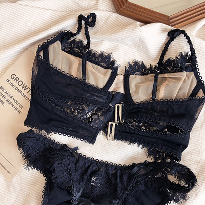 2 stiili, üliõhuke + õhuke puuvill, prantsuse läbipaistev pitsist seljaosa terassõrmus Push Up naiste seksikas pesuülikonnad, pikkade nööpidega rinnahoidjakomplektid