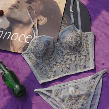 Ново дантелено цвете с бродерия Френско бельо Bralette Секси сутиен за оформяне на тялото Push Up Комплект романтично бяло черно сладко бельо Тънко