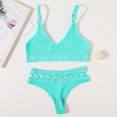 Γυναικείο Σετ σουτιέν χωρίς ραφές Σέξι σετ εσωρούχων Ασύρματο σουτιέν Κούφιο σέξι στρινγκ με χαμηλή μέση Γυναικεία σετ εσωρούχων Crop Tops