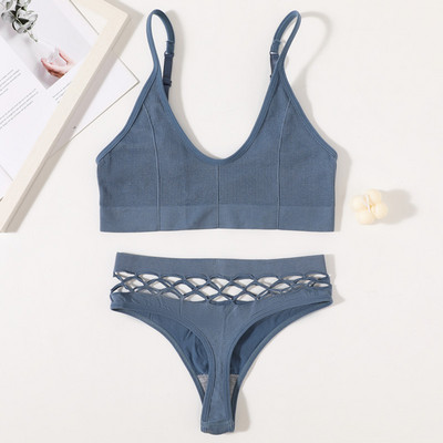 Γυναικείο Σετ σουτιέν χωρίς ραφές Σέξι σετ εσωρούχων Ασύρματο σουτιέν Κούφιο σέξι στρινγκ με χαμηλή μέση Γυναικεία σετ εσωρούχων Crop Tops