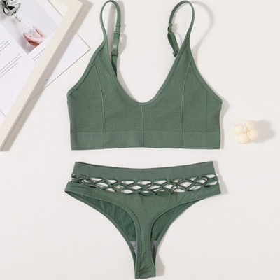 Γυναικείο Σετ σουτιέν χωρίς ραφές Σέξι σετ εσωρούχων Ασύρματο σουτιέν Κούφιο σέξι στρινγκ με χαμηλή μέση Γυναικεία σετ εσωρούχων Crop Tops