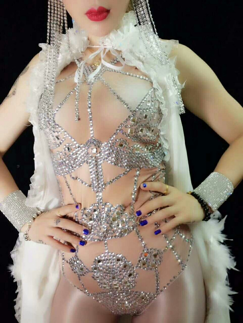 Σκηνικό γυμνό κρύσταλλο κορμάκι Καλοκαιρινή σέξι στολή Bling στρας Ολόσωμη στολή Παράσταση νυχτερινό κέντρο διασκέδασης Show Party Dance Ρούχα