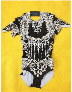 Fashion Crystals Bodysuit Diamonds Sparkly Headpiece Στολή Σέξι Stage Performance Γυναικεία τραγουδίστρια ρούχα γενεθλίων