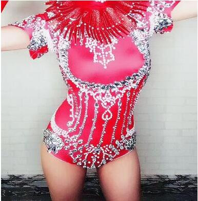 Fashion Crystals Bodysuit Diamonds Sparkly Headpiece Στολή Σέξι Stage Performance Γυναικεία τραγουδίστρια ρούχα γενεθλίων