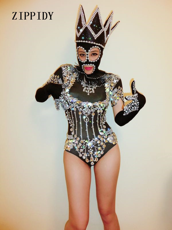 Fashion Crystals Bodysuit Diamonds Sparkly Headpiece Στολή Σέξι Stage Performance Γυναικεία τραγουδίστρια ρούχα γενεθλίων