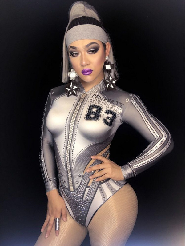 Μόδα Γκρι Λευκά Κρύσταλλα Φορμάκι μπέιζμπολ Dance Wear Party Performance Stretch κοστούμια Stage Wear Rhinestone Ρούχα