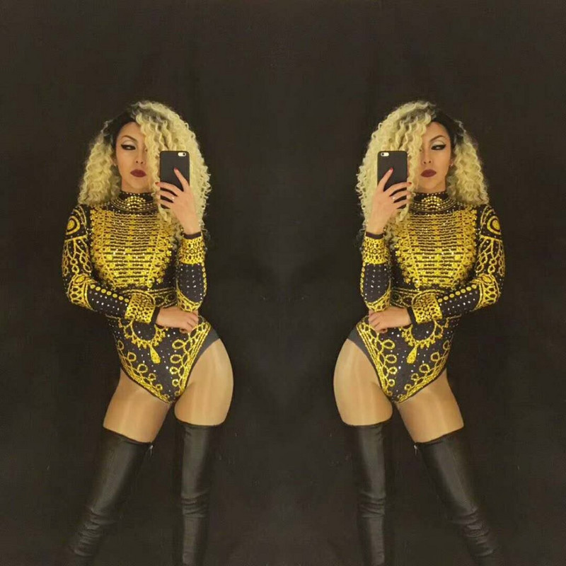 Negru auriu cu strasuri imprimate cu mânecă lungă sexy scenă leotard cântăreț costum de dans scenă club de noapte femei ziua de naștere show body