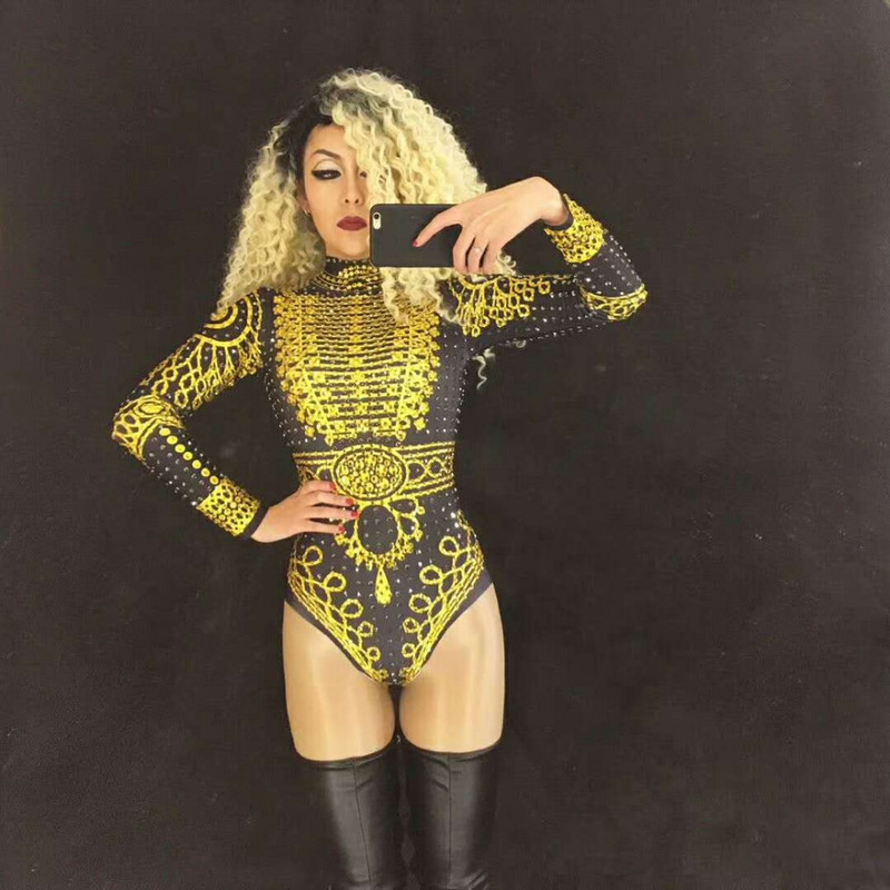 Negru auriu cu strasuri imprimate cu mânecă lungă sexy scenă leotard cântăreț costum de dans scenă club de noapte femei ziua de naștere show body