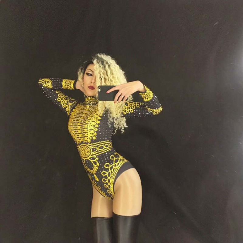 Negru auriu cu strasuri imprimate cu mânecă lungă sexy scenă leotard cântăreț costum de dans scenă club de noapte femei ziua de naștere show body