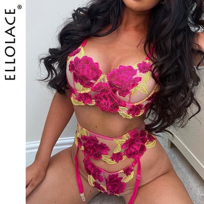 Ellolace Lenjerie florală Sexy Lenjerie de corp de fantezie Broderie Seturi de slip erotic Dantela Transparent Sutien și tanga cu jartiere