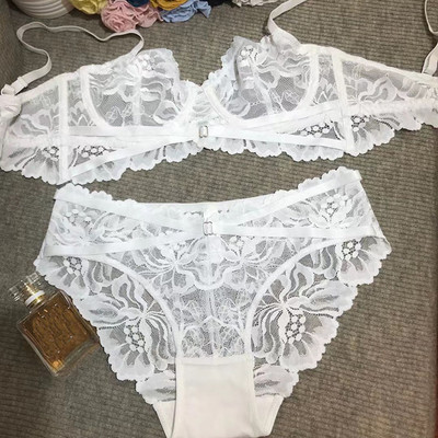 Set sutien și chiloți sexy ultrasubțire transparent din dantelă franțuzească Lenjerie intimă cu bandaj Sârmă Lenjerie fără căptușeală pentru femei