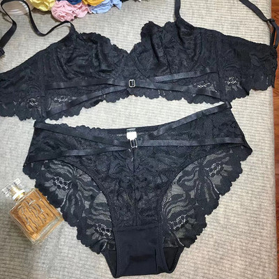 Set sutien și chiloți sexy ultrasubțire transparent din dantelă franțuzească Lenjerie intimă cu bandaj Sârmă Lenjerie fără căptușeală pentru femei
