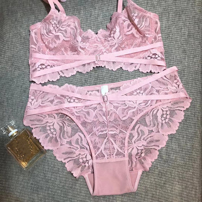 Set sutien și chiloți sexy ultrasubțire transparent din dantelă franțuzească Lenjerie intimă cu bandaj Sârmă Lenjerie fără căptușeală pentru femei