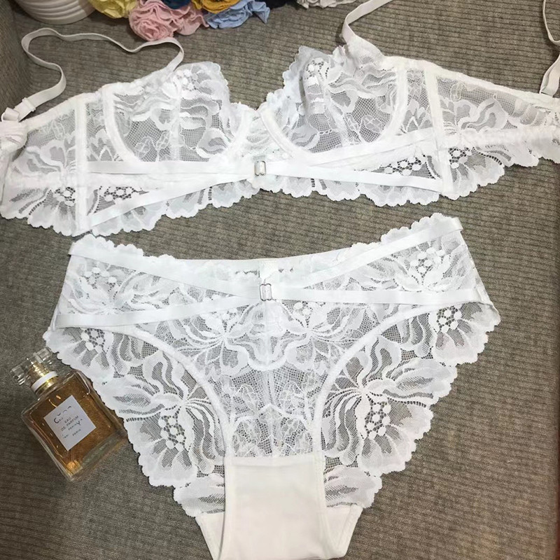 Set sutien și chiloți sexy ultrasubțire transparent din dantelă franțuzească Lenjerie intimă cu bandaj Sârmă Lenjerie fără căptușeală pentru femei
