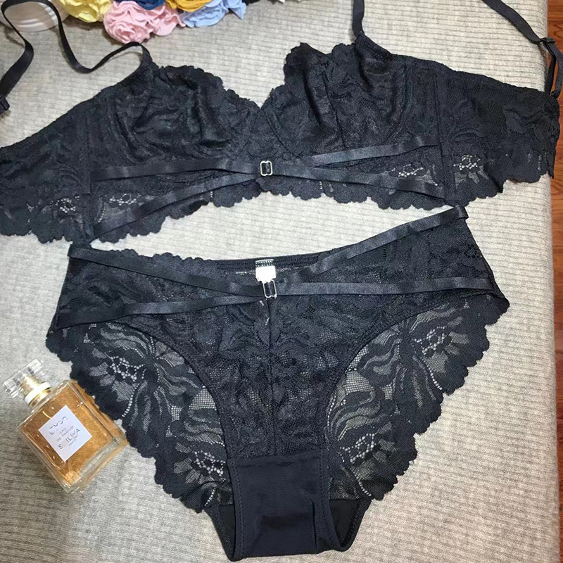 Set sutien și chiloți sexy ultrasubțire transparent din dantelă franțuzească Lenjerie intimă cu bandaj Sârmă Lenjerie fără căptușeală pentru femei