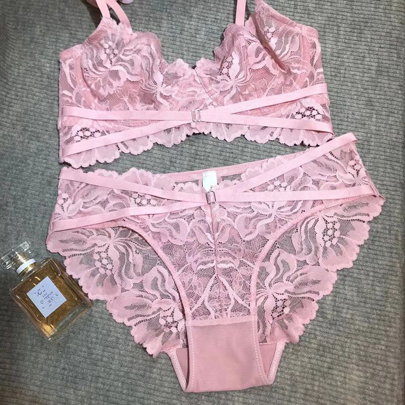 Set sutien și chiloți sexy ultrasubțire transparent din dantelă franțuzească Lenjerie intimă cu bandaj Sârmă Lenjerie fără căptușeală pentru femei