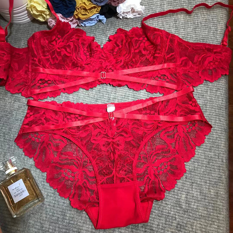 Set sutien și chiloți sexy ultrasubțire transparent din dantelă franțuzească Lenjerie intimă cu bandaj Sârmă Lenjerie fără căptușeală pentru femei