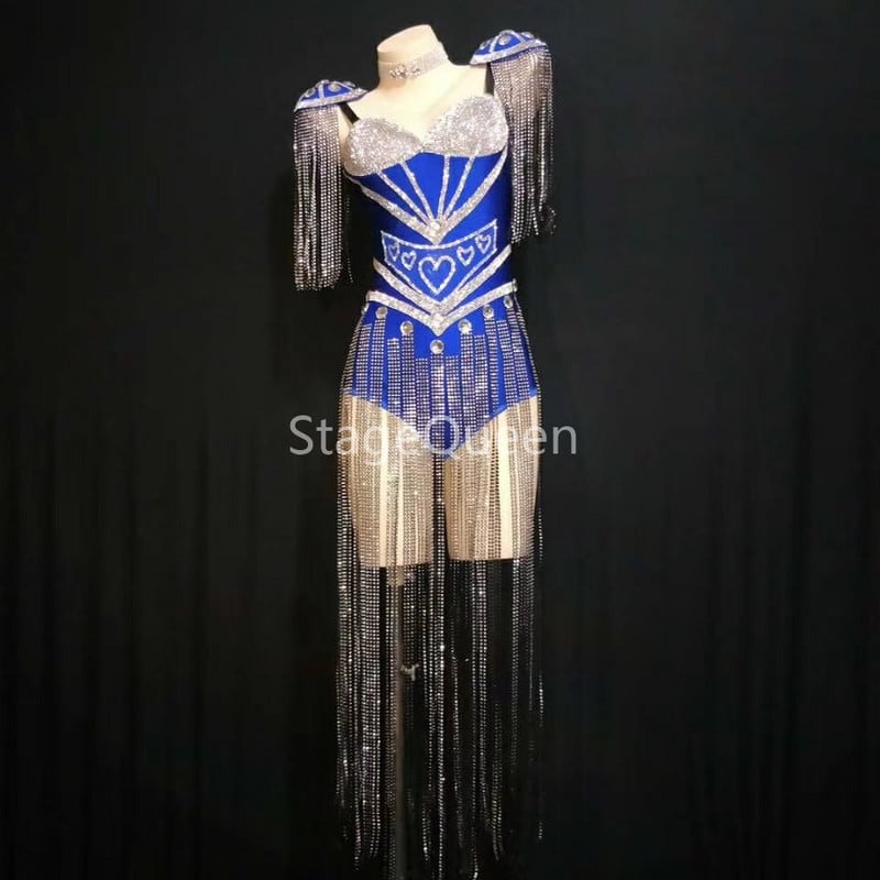 Särav 4 värvi kristallid Epaulet trikoo Seksikas tantsuline sädelev tutiriietus Tähistage Bodysuit, kostüüm, kostüüm, laulja tantsuriietus