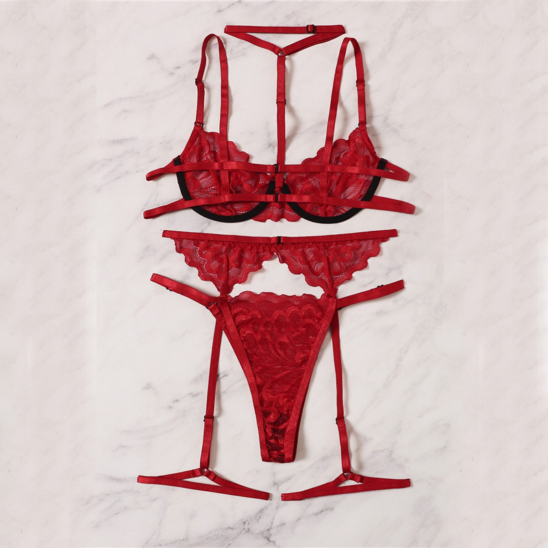 Σετ εσωρούχων Aduloty Red Floral Lace Garter με Choker Women Intimates 2022 Underwire σουτιέν και στρινγκ γυναικεία εσώρουχα