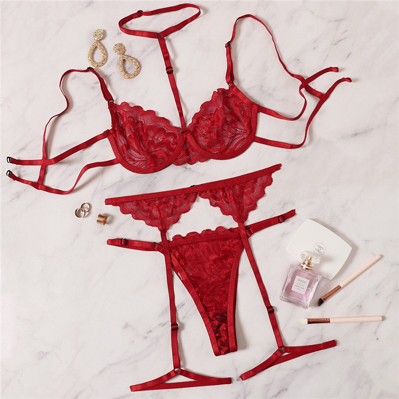 Σετ εσωρούχων Aduloty Red Floral Lace Garter με Choker Women Intimates 2022 Underwire σουτιέν και στρινγκ γυναικεία εσώρουχα