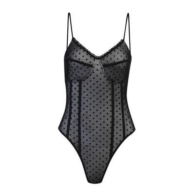 Body cu imprimeu cu puncte 2021 pentru femei, sexy, cu decolteu în V, plasă, transparent, slab, sexy, fără spate, cu bretele din dantelă, haine de club pentru femei de vară